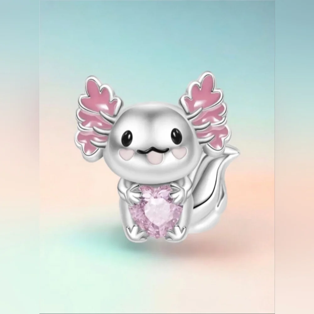Mexican Axolotl Embraces Heart Gemstone Charm Bead 925 Sterling Silver